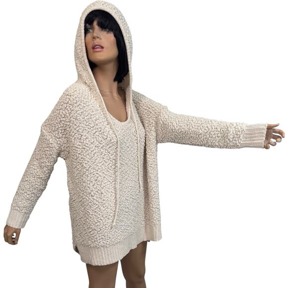 Hooded Popcorn Chenille Pullover Sweater Drawstring Women S/M Ivory Cozy Slouchy - Picture 2 of 9